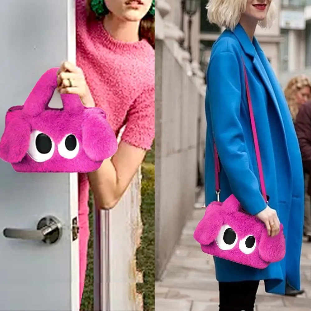 Plush Cartoon Eyes Handbag, Fluffy Furry Purse, 6 Colors Available - Pink, Brown, Camel, White, Green, Blush