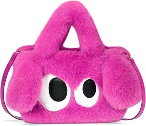 Plush Cartoon Eyes Handbag, Fluffy Furry Purse, 6 Colors Available - Pink, Brown, Camel, White, Green, Blush