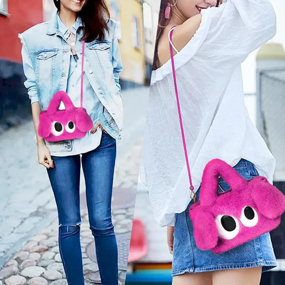 Plush Cartoon Eyes Handbag, Fluffy Furry Purse, 6 Colors Available - Pink, Brown, Camel, White, Green, Blush