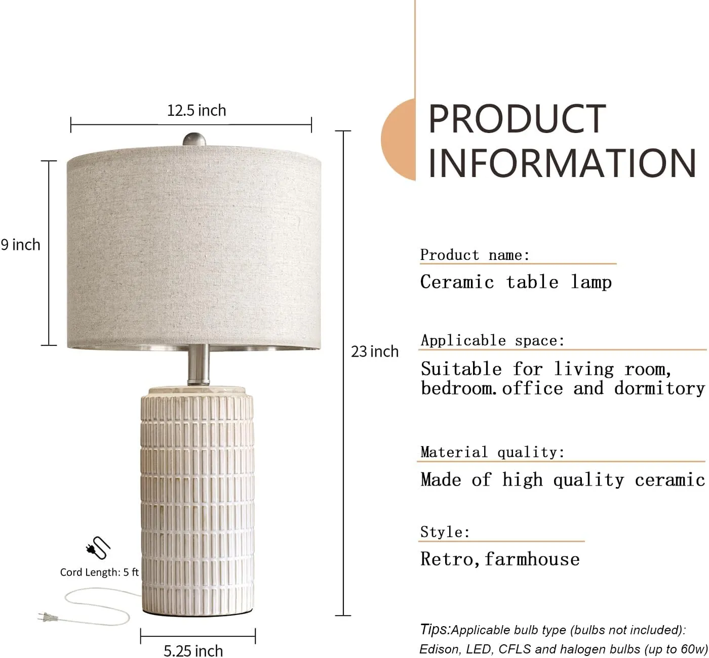 PoKat 23" Modern Ceramic Table Lamp Set of 2 for Living Room White Desk Lamps for Bedroom Farmhouse Bedside Nightstand Bedside Lamp End Table Lamps Beige