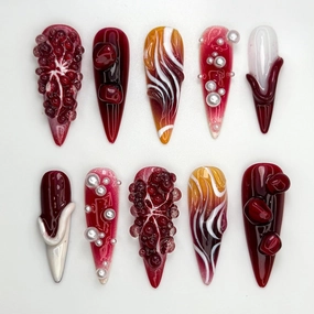 Pomegranate Lava Press On Nails,Deep Red Chrome Fruit Nails,3D Pearl Fire Nail Art,Garnet Gradient Press Ons,Artistic Red