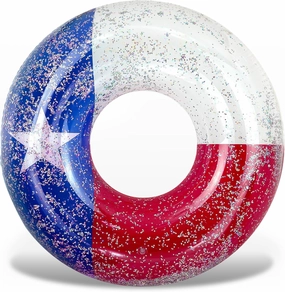POZA Inflatable Texas Flag Pool Float Giant Tube—Sparkling Silver Star Confetti Texan Patriotic Water Toy, Cool Luxurious Floating Ring for Pool, Beach, or Lake - 48 Inch