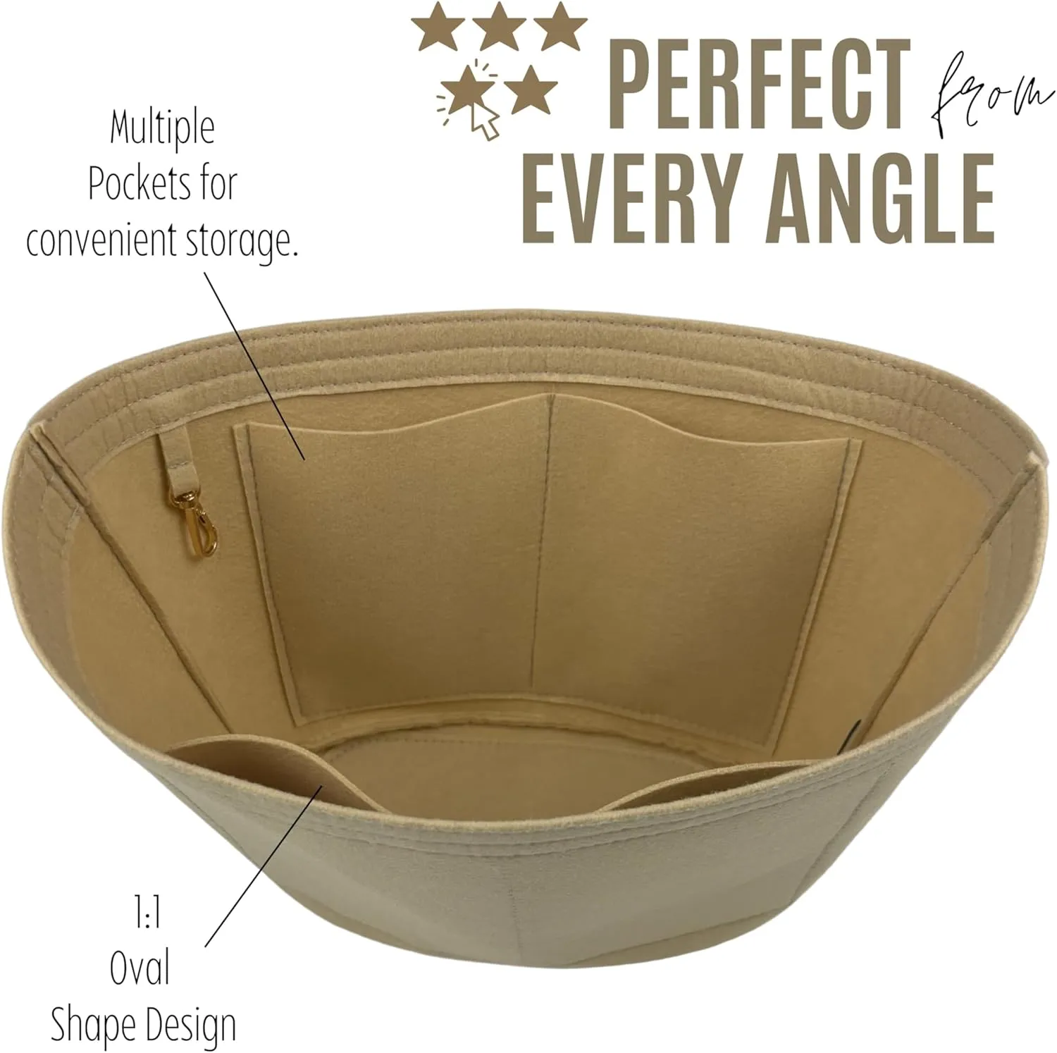 Premium Purse Organizer compatible with Chloe Large Woody Basket Bag Insert - Handmade Oval Bag Organizer Felt, Perfect Fit Gold Zipper (Cream, For Large Basket Bag)