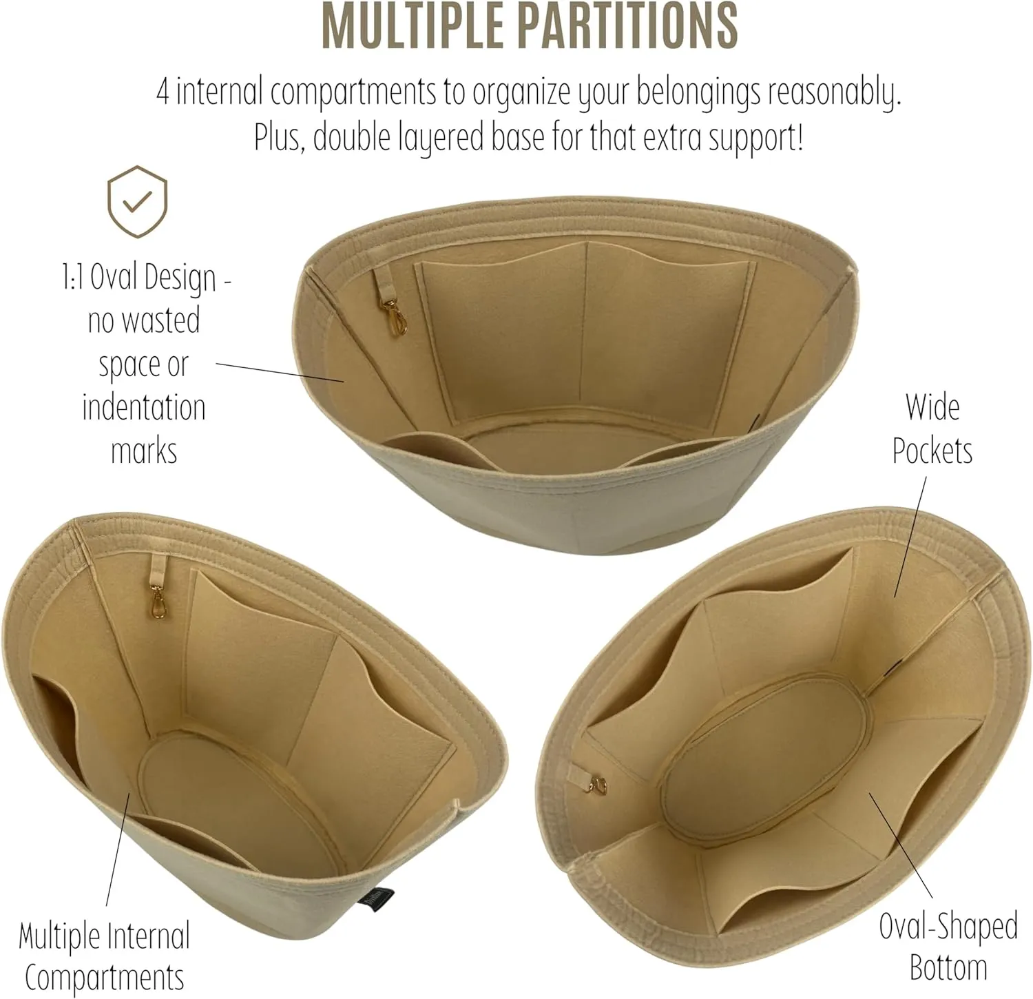 Premium Purse Organizer compatible with Chloe Large Woody Basket Bag Insert - Handmade Oval Bag Organizer Felt, Perfect Fit Gold Zipper (Cream, For Large Basket Bag)