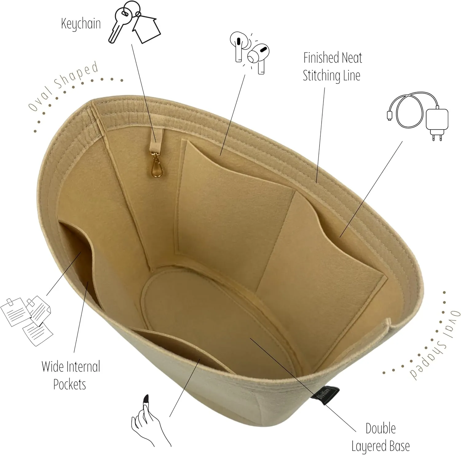 Premium Purse Organizer compatible with Chloe Large Woody Basket Bag Insert - Handmade Oval Bag Organizer Felt, Perfect Fit Gold Zipper (Cream, For Large Basket Bag)
