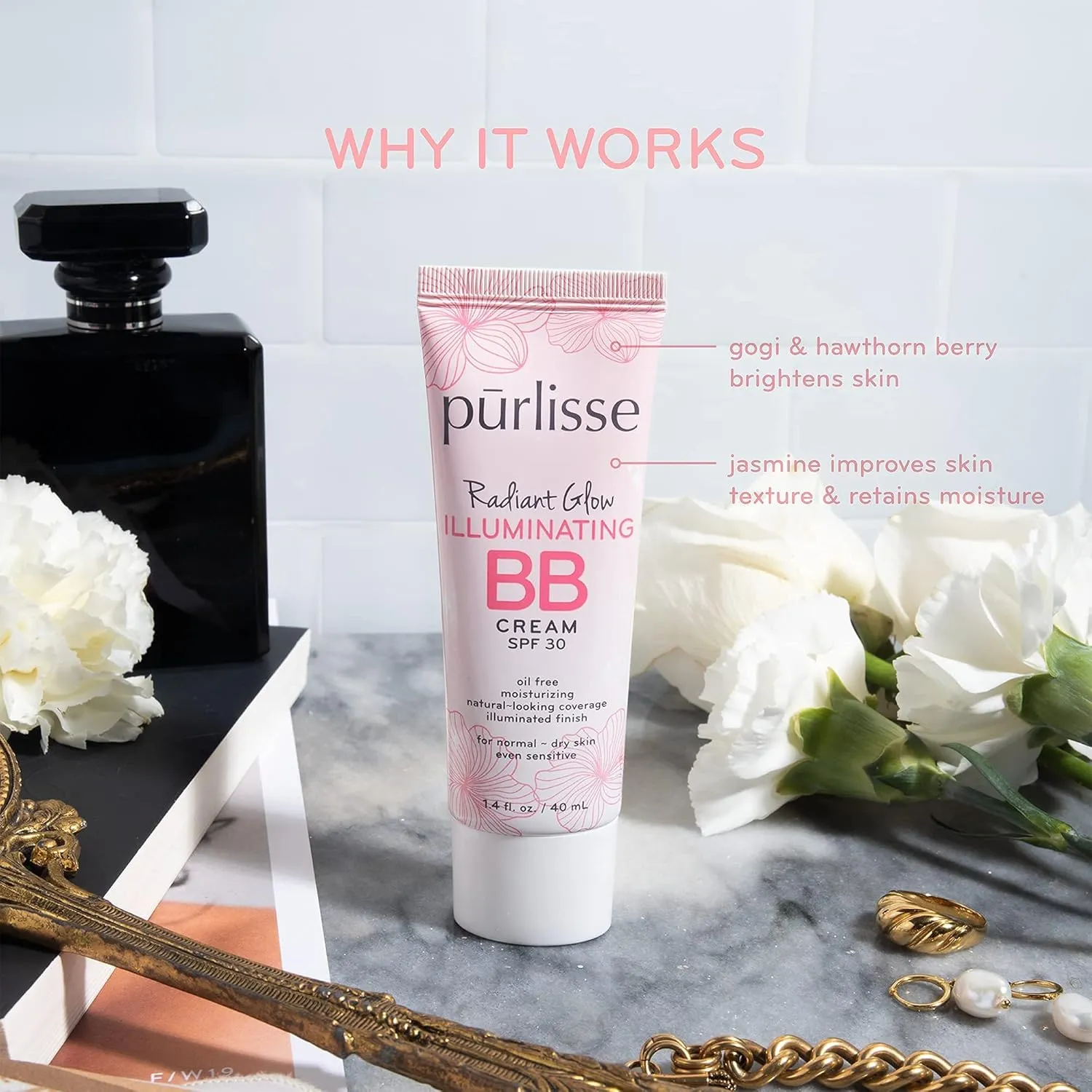 pūrlisse Radiant Glow Illuminating BB Cream with SPF 30 - Glow BB Cream Enriched with Goji & Hawthorn Berry for Dewy Skin - Helps to Improve Skin Texture & Radiance - Tan Deep (1.4 oz)