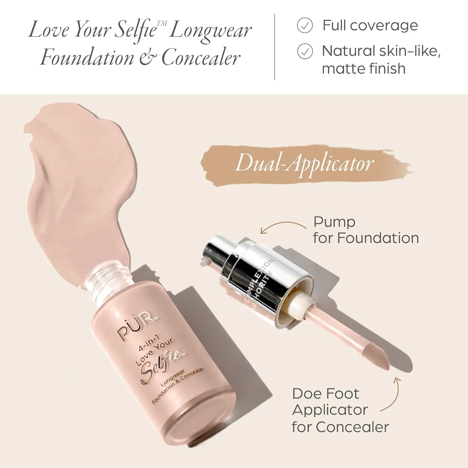 PUR Beauty 4-in-1 Love Your Selfie Foundation & Concealer - Longwear Full Coverage Liquid Makeup Foundation with Hydrating Blend for Refined-Looking, Natural Beauty Glow, Skin Texture & Tone