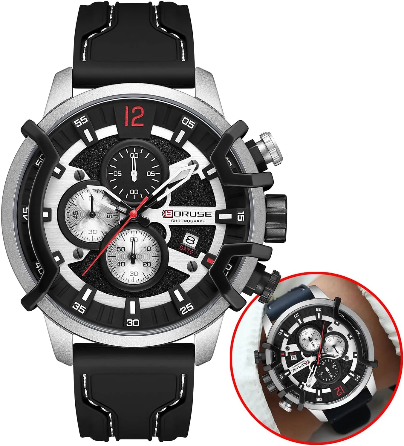 Quartz Watches for Men Red Chronograph Unique Dress Watch Fashion Mens Waterproof Calendar Silicone Strap Man Analog Wristwatch