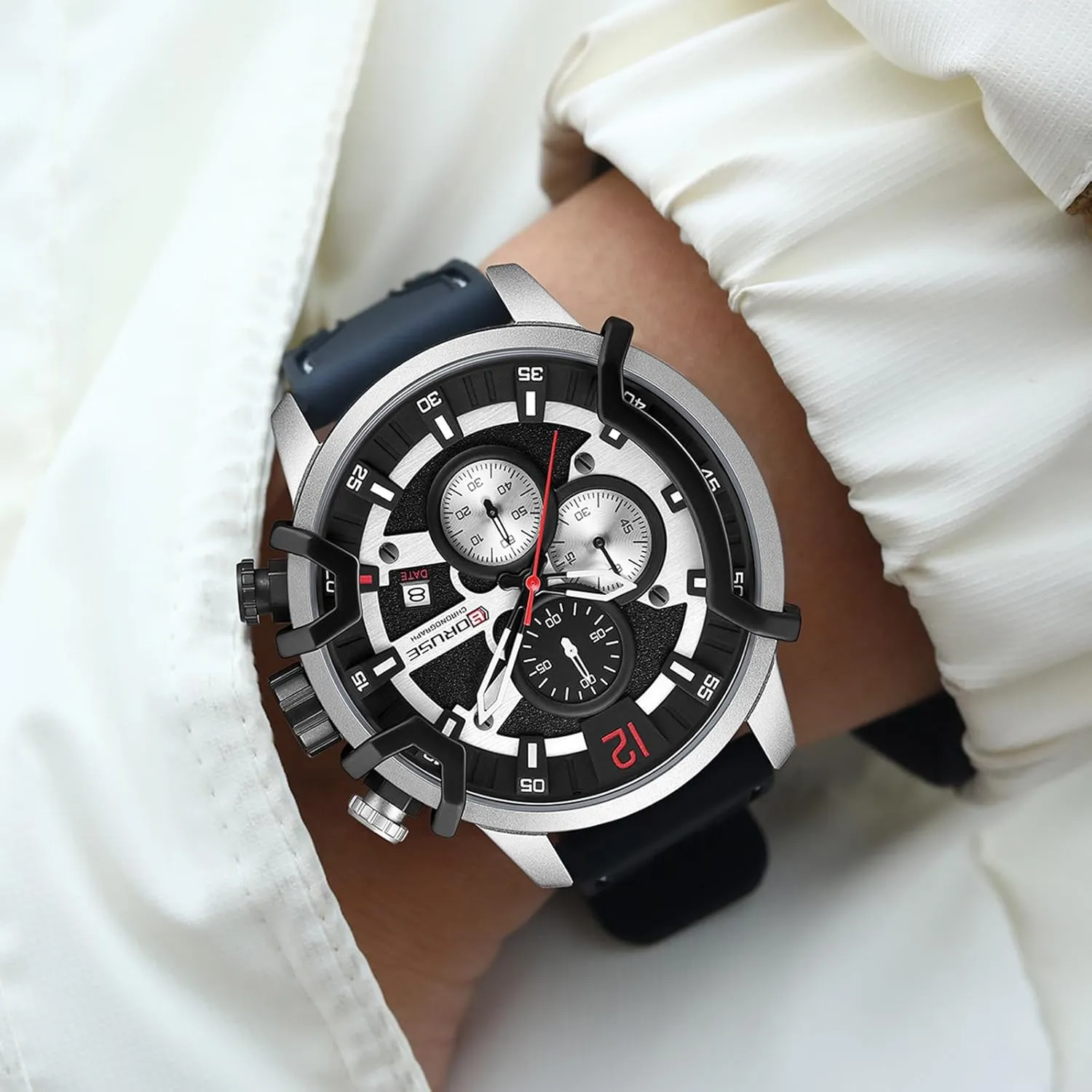 Quartz Watches for Men Red Chronograph Unique Dress Watch Fashion Mens Waterproof Calendar Silicone Strap Man Analog Wristwatch