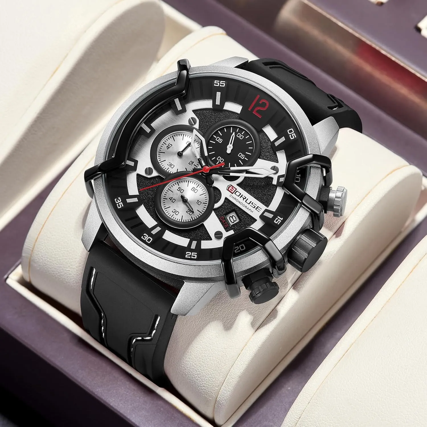Quartz Watches for Men Red Chronograph Unique Dress Watch Fashion Mens Waterproof Calendar Silicone Strap Man Analog Wristwatch