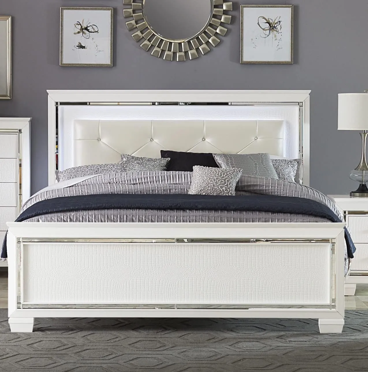 Queen Bed with Button-Tufted LED Headboard, Faux Alligator Embossed Panels, Mirror Accents, Modern Glam Design, White Finish