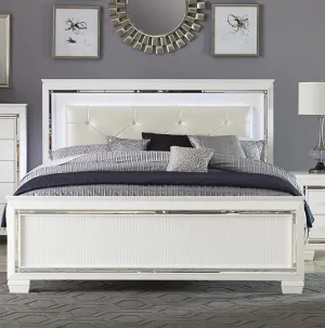 Queen Bed with Button-Tufted LED Headboard, Faux Alligator Embossed Panels, Mirror Accents, Modern Glam Design, White Finish