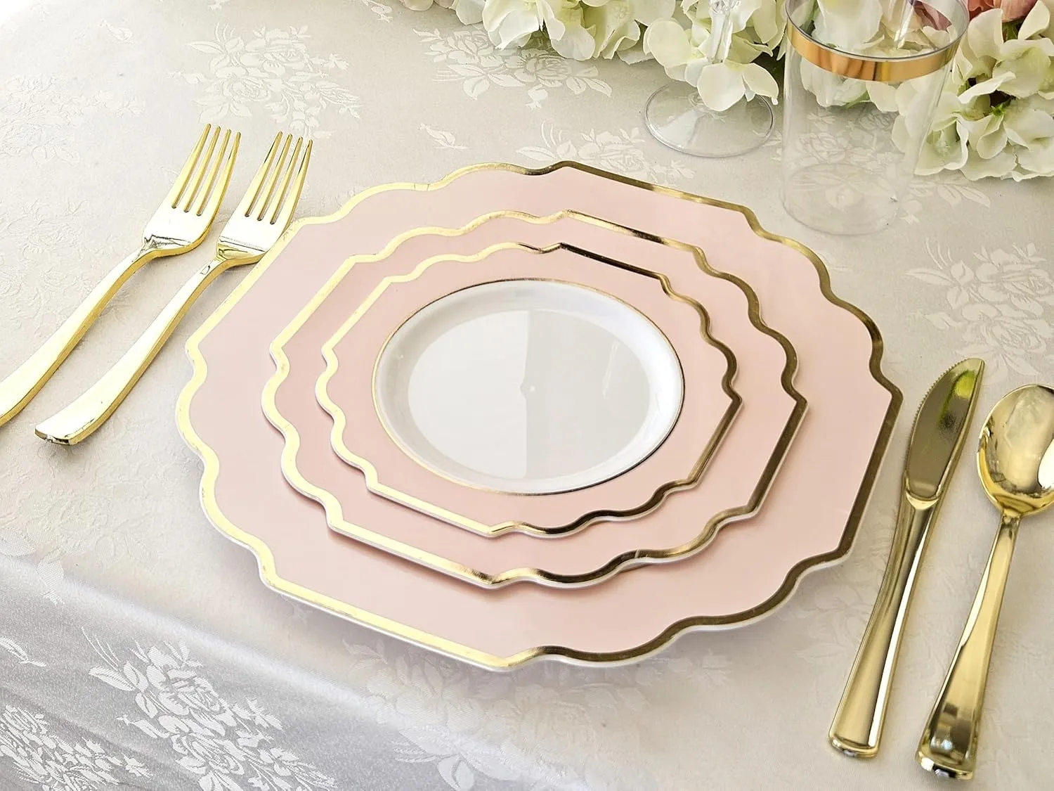 " OCCASIONS " 120 Plates Pack,(60 Guests) Heavyweight Premium Wedding Party Disposable Plastic Plates Set -60 x 10.5'' Dinner   60 x 8'' Salad/Dessert(Imperial in Blush & Gold)