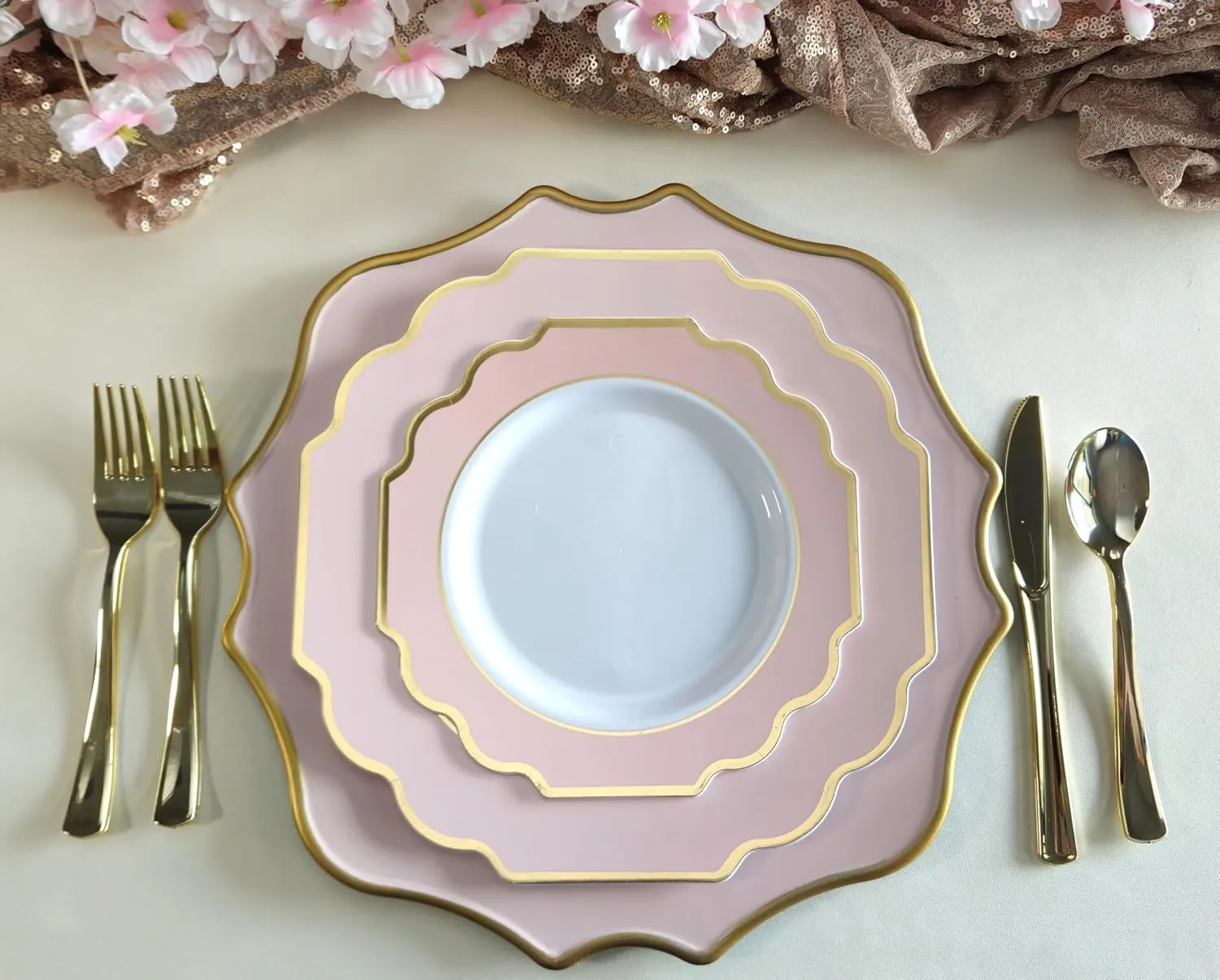 " OCCASIONS " 120 Plates Pack,(60 Guests) Heavyweight Premium Wedding Party Disposable Plastic Plates Set -60 x 10.5'' Dinner   60 x 8'' Salad/Dessert(Imperial in Blush & Gold)