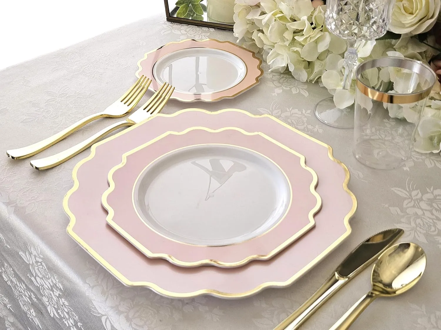 " OCCASIONS " 120 Plates Pack,(60 Guests) Heavyweight Premium Wedding Party Disposable Plastic Plates Set -60 x 10.5'' Dinner   60 x 8'' Salad/Dessert(Imperial in Blush & Gold)
