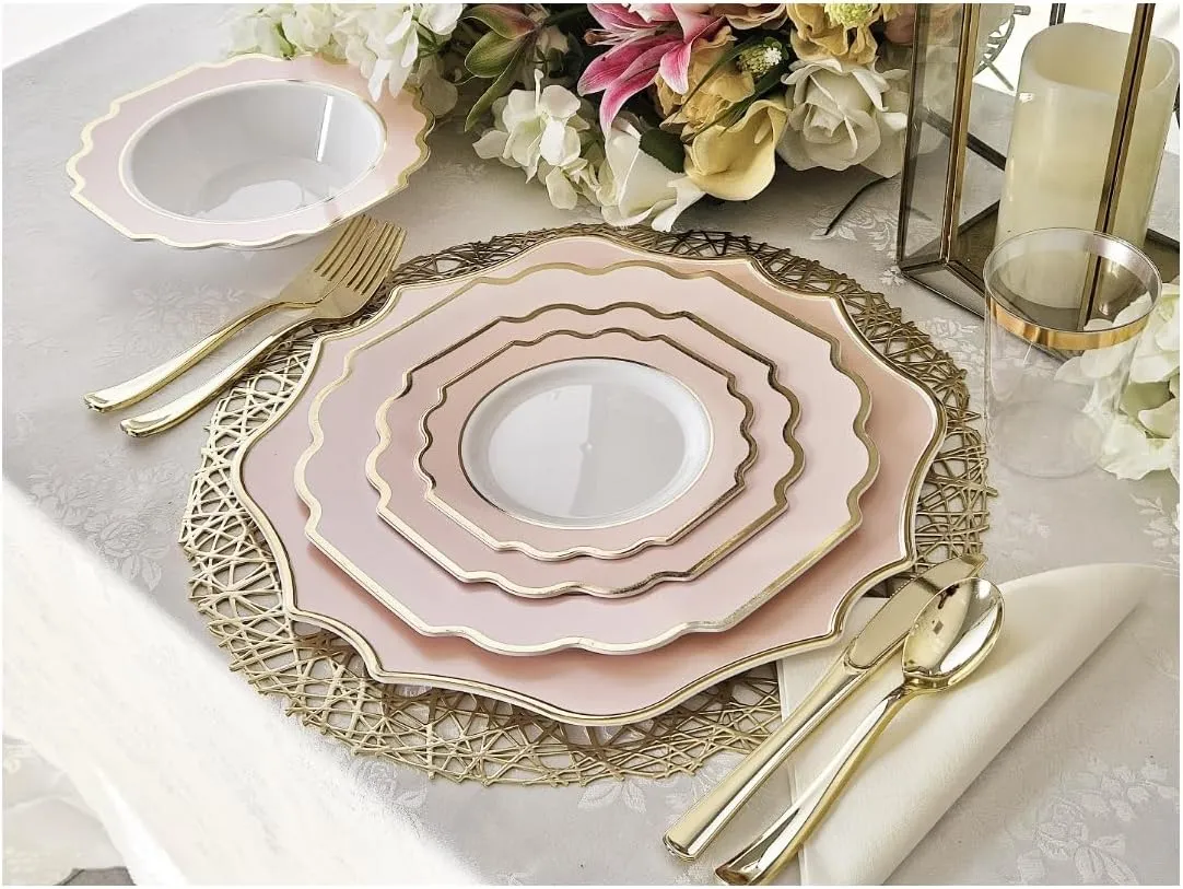 " OCCASIONS " 120 Plates Pack,(60 Guests) Heavyweight Premium Wedding Party Disposable Plastic Plates Set -60 x 10.5'' Dinner   60 x 8'' Salad/Dessert(Imperial in Blush & Gold)