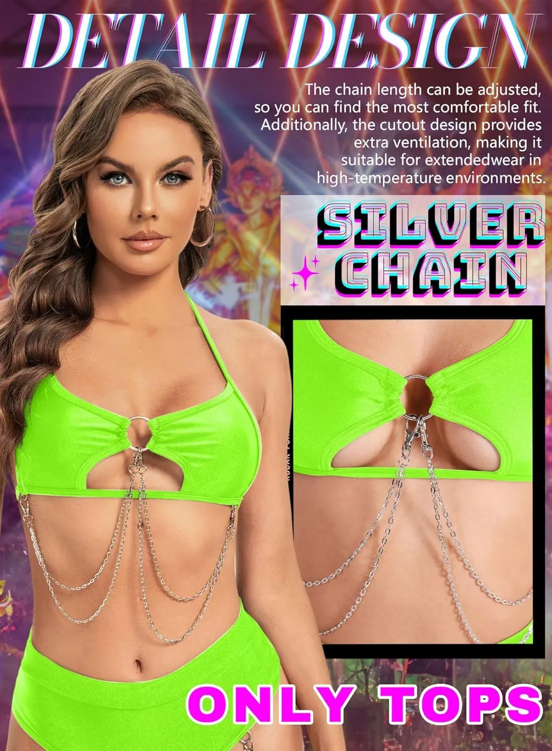 Rave Top for Women - Sexy EDC Festival Cutout Underboob Shirt Silver Chain Halter Bikini Bra Concert Tank Outfits