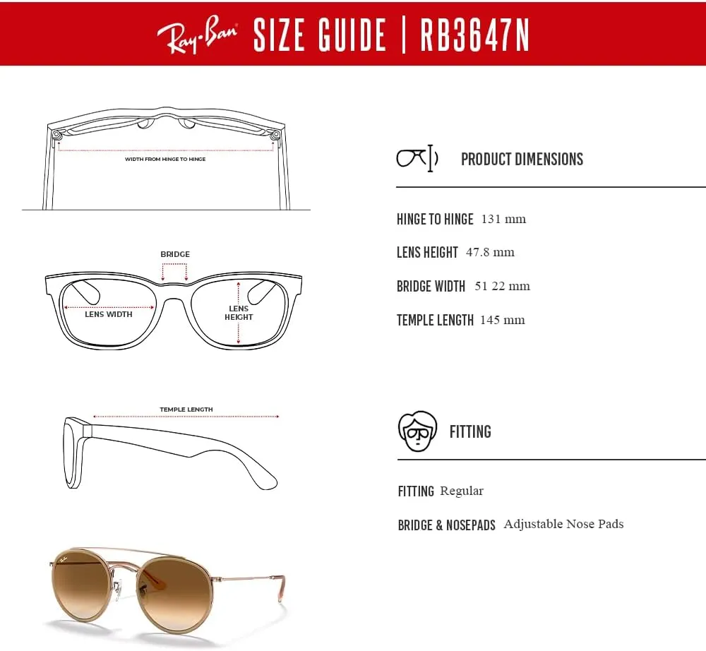 Ray-Ban RB3647N Double Bridge Round Sunglasses for Men for Women   BUNDLE with Designer iWear Eyewear Care Kit