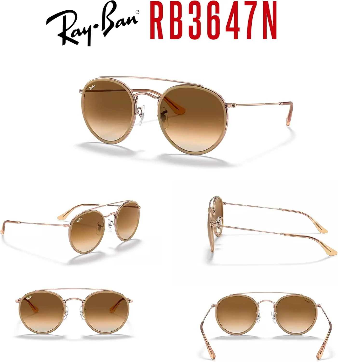Ray-Ban RB3647N Double Bridge Round Sunglasses for Men for Women   BUNDLE with Designer iWear Eyewear Care Kit