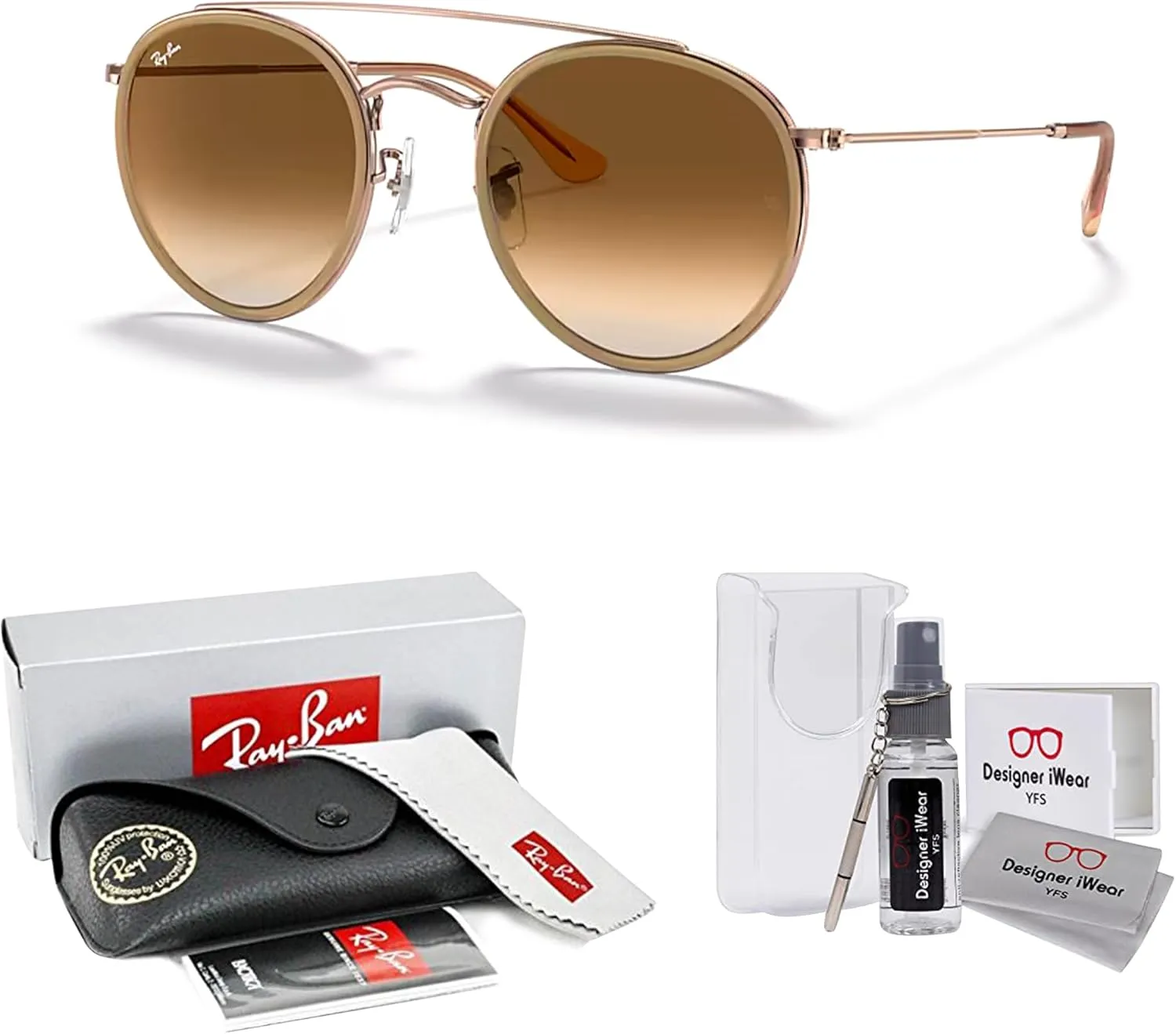 Ray-Ban RB3647N Double Bridge Round Sunglasses for Men for Women   BUNDLE with Designer iWear Eyewear Care Kit