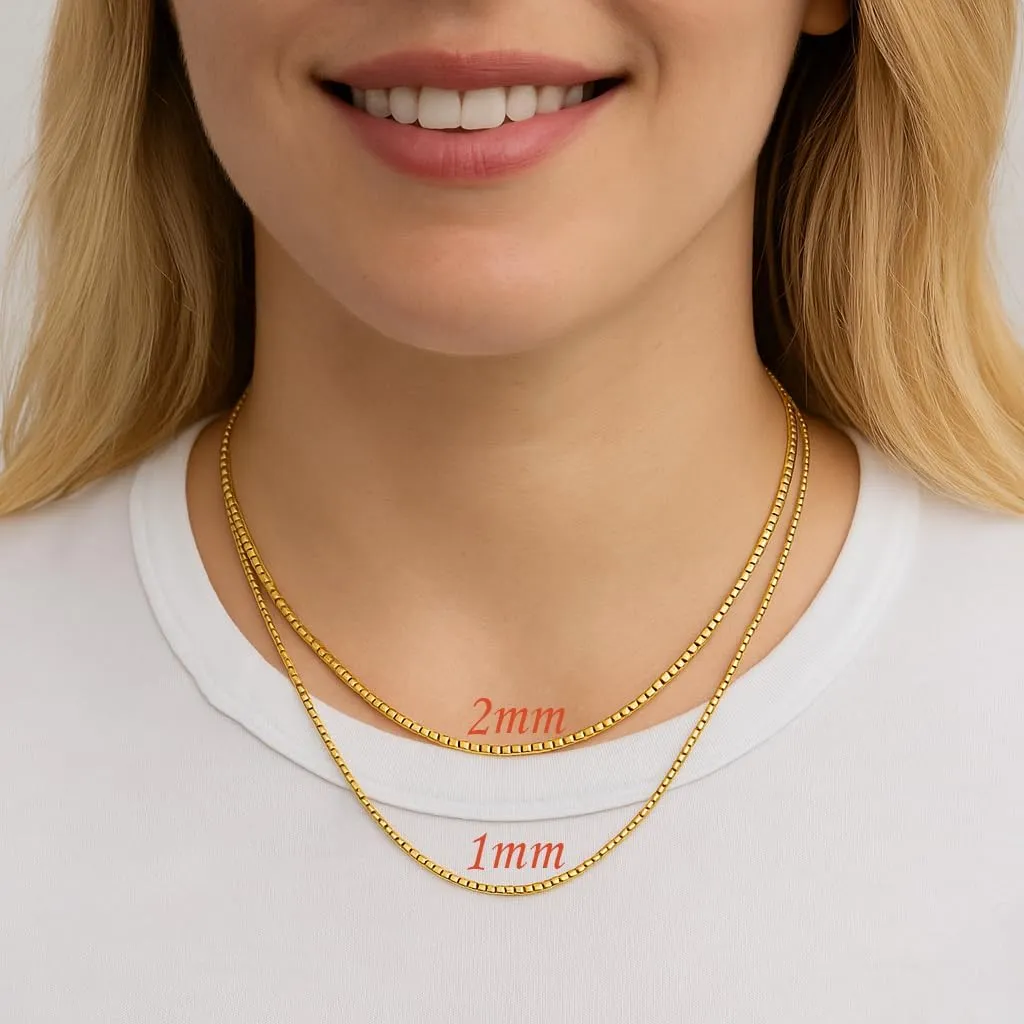 Real 14k Yellow/White/Rose Gold Box Chain 1-2mm Solid Gold Necklace with Lobster Clasp for Women Men, Jewelry Gift for Her Him, 16-24 inch