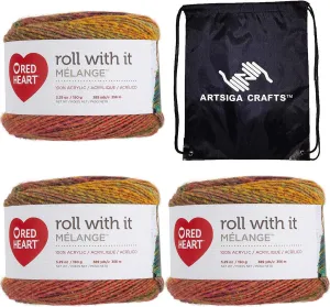 Red Heart Roll with It Melange Curtain Call E890-0675 (3-Skeins - Same Dye Lot) Worsted Medium #4 Acrylic Yarn for Crocheting and Knitting with Project Bag