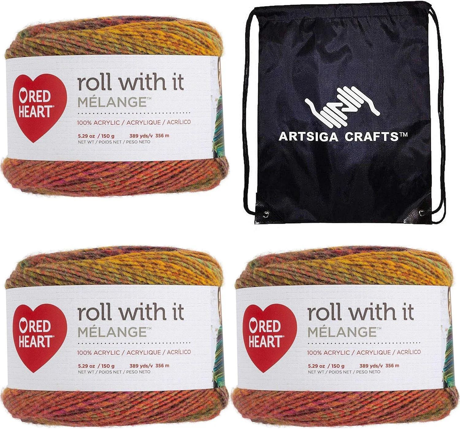 Red Heart Roll with It Melange Curtain Call E890-0675 (3-Skeins - Same Dye Lot) Worsted Medium #4 Acrylic Yarn for Crocheting and Knitting with Project Bag