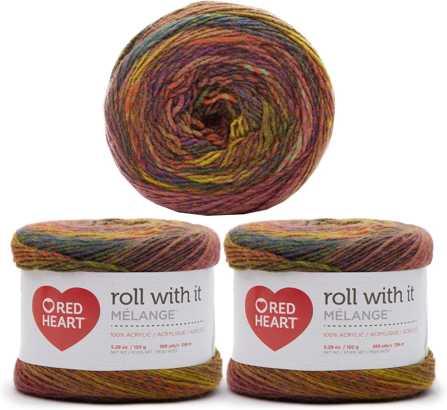 Red Heart Roll with It Melange Curtain Call Yarn - 3 Pack of 150g/5.3oz - Acrylic - 4 Medium (Worsted) - 389 Yards - Knitting/Crochet