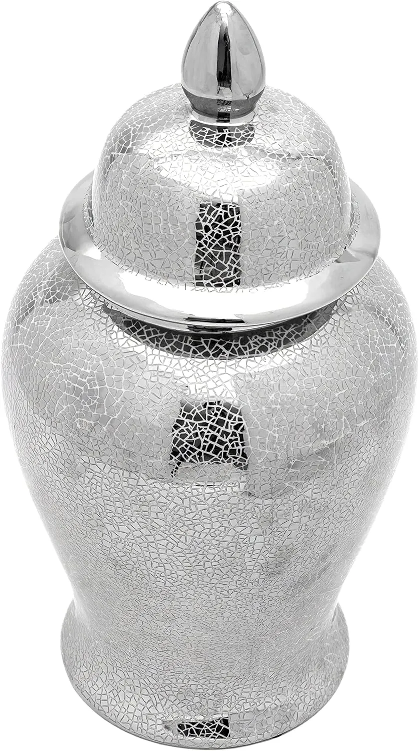 Red Lantern 18" Silver Crackle Temple Jar