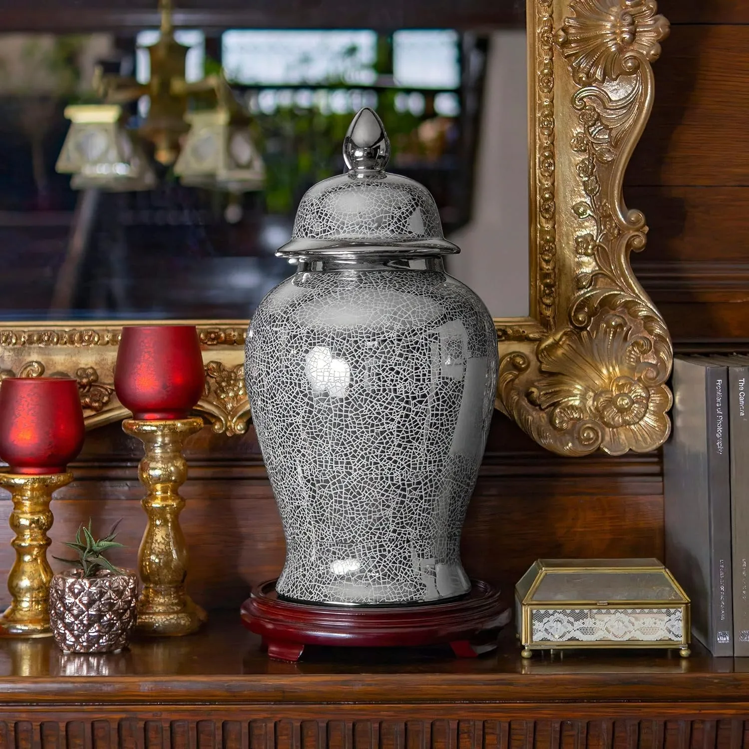 Red Lantern 18" Silver Crackle Temple Jar