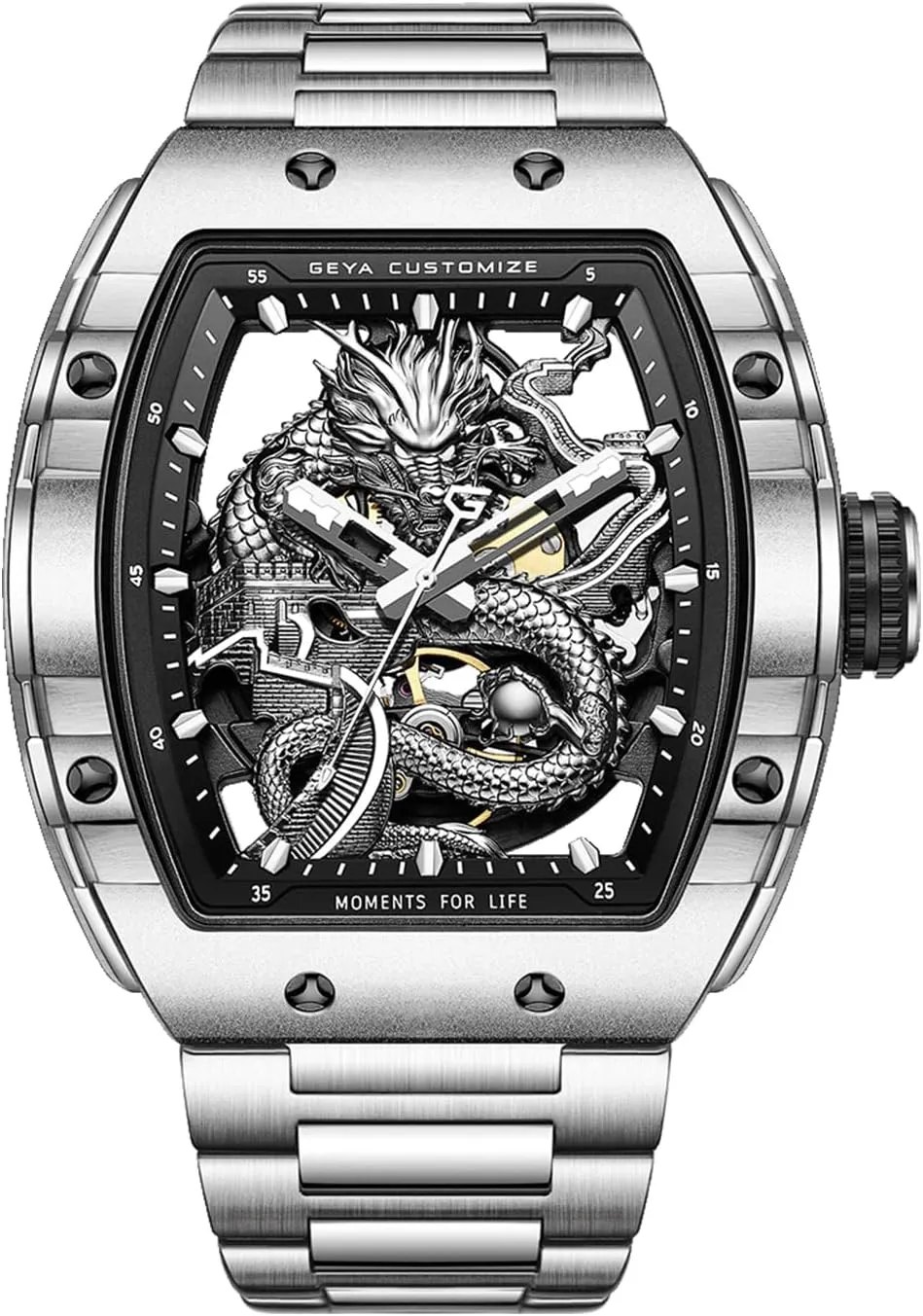Redhai Luxury Crystal Diamond Dragon Mechanical Watches, 50M Waterproof Skeleton Dial Rose Gold Case Stainless Steel Watchband Chinese Loong Watches for Men