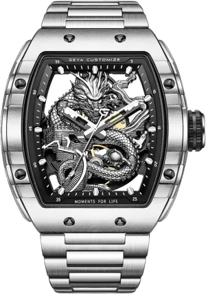 Redhai Luxury Crystal Diamond Dragon Mechanical Watches, 50M Waterproof Skeleton Dial Rose Gold Case Stainless Steel Watchband Chinese Loong Watches for Men