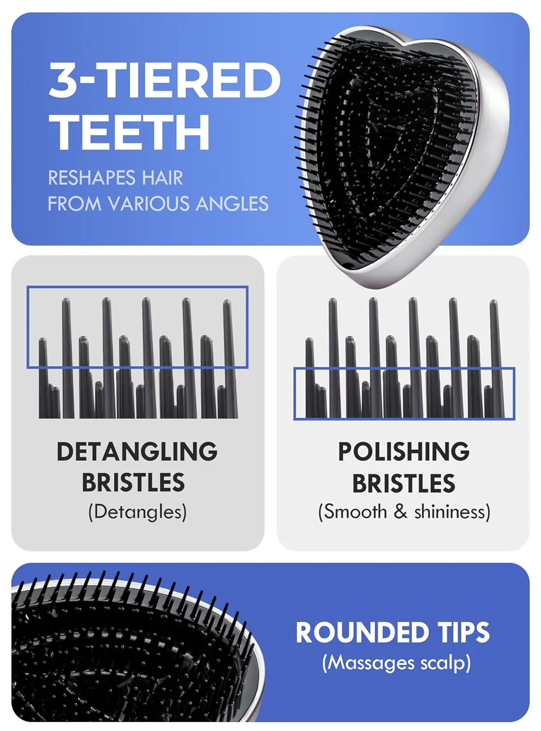 ReFa Heart Brush SILVER Detangler Hair Brush for Women and Men, Three-tiered Bristle System, Scalp Wellness, Travel Hair Brush, All Hair Types, Silver