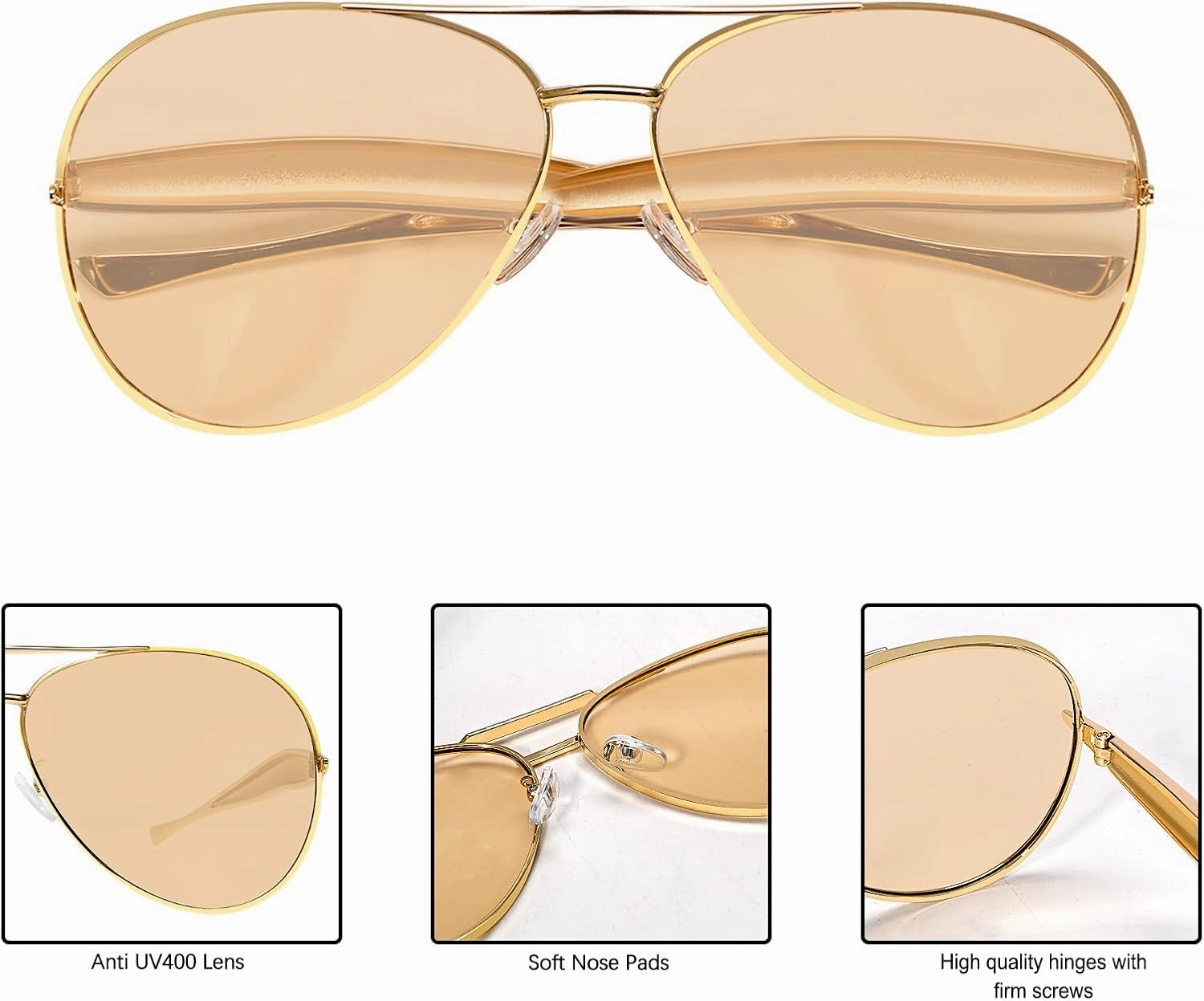 Retro Gold Aviator Sunglasses for Women Men, 2025 Metal Oversized 70s Aviators Sun Glasses