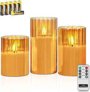 Rhytsing Gold Ribbed Glass Battery Operated LED Candles with Remote, Flameless Candle Gift Set with Timer, Warm White Light- Include 6 Batteries - Set of 3