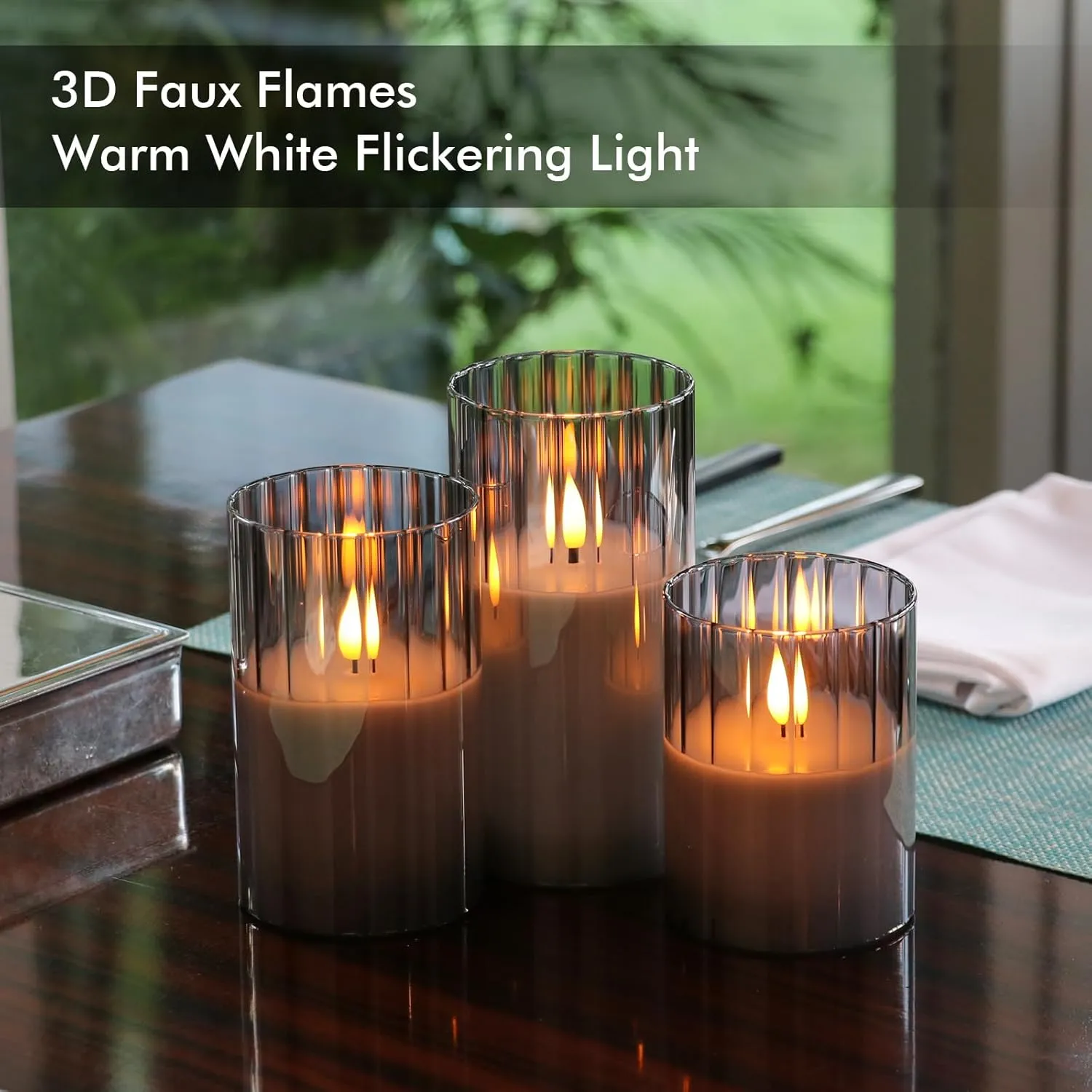 Rhytsing Smoked Ribbed Glass Battery Operated LED Candles with Remote, Flameless Candle with Timer Gift Set for Home Decor, Warm White Lights- Include 6 Batteries - Set of 3