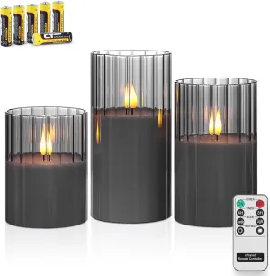 Rhytsing Smoked Ribbed Glass Battery Operated LED Candles with Remote, Flameless Candle with Timer Gift Set for Home Decor, Warm White Lights- Include 6 Batteries - Set of 3