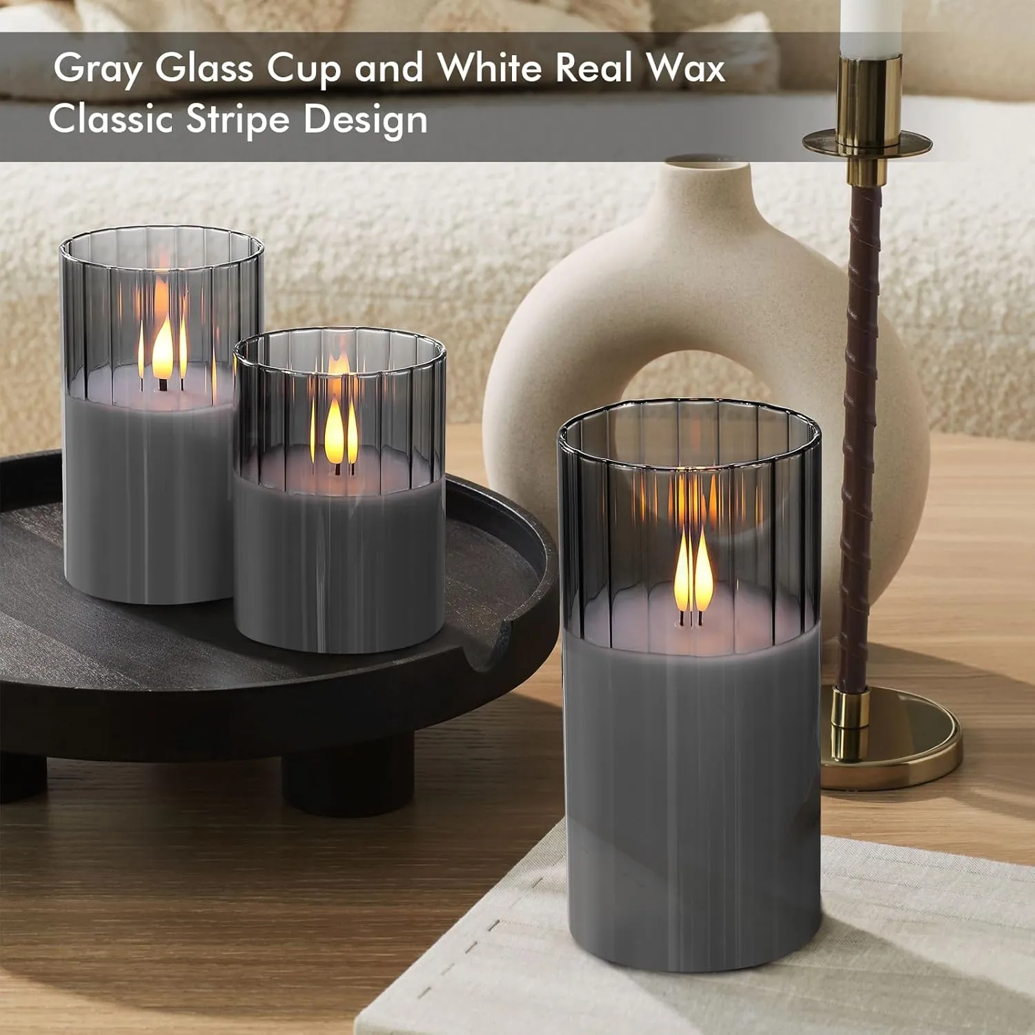 Rhytsing Smoked Ribbed Glass Battery Operated LED Candles with Remote, Flameless Candle with Timer Gift Set for Home Decor, Warm White Lights- Include 6 Batteries - Set of 3
