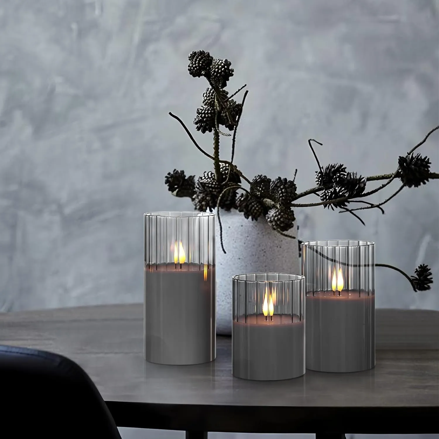 Rhytsing Smoked Ribbed Glass Battery Operated LED Candles with Remote, Flameless Candle with Timer Gift Set for Home Decor, Warm White Lights- Include 6 Batteries - Set of 3