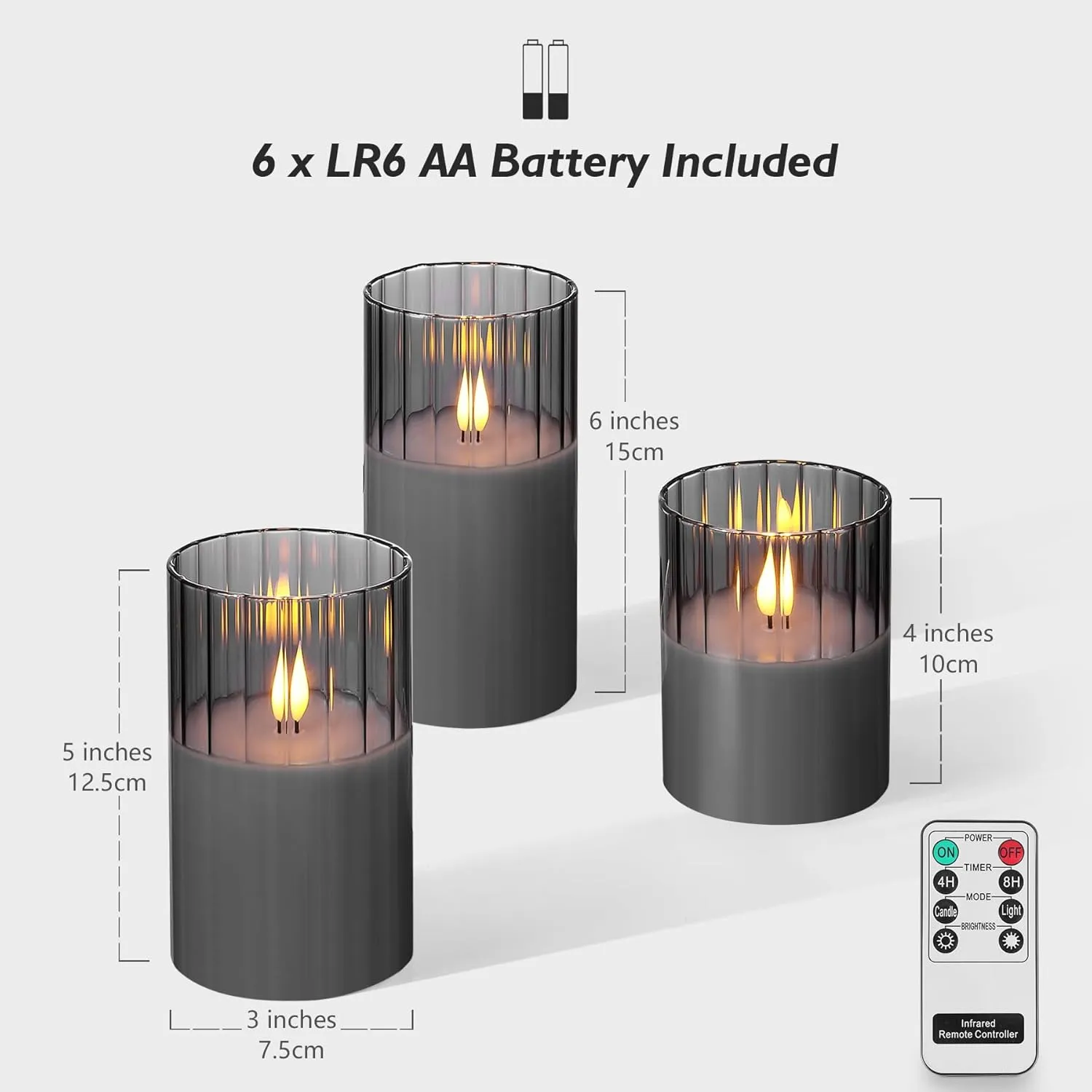 Rhytsing Smoked Ribbed Glass Battery Operated LED Candles with Remote, Flameless Candle with Timer Gift Set for Home Decor, Warm White Lights- Include 6 Batteries - Set of 3