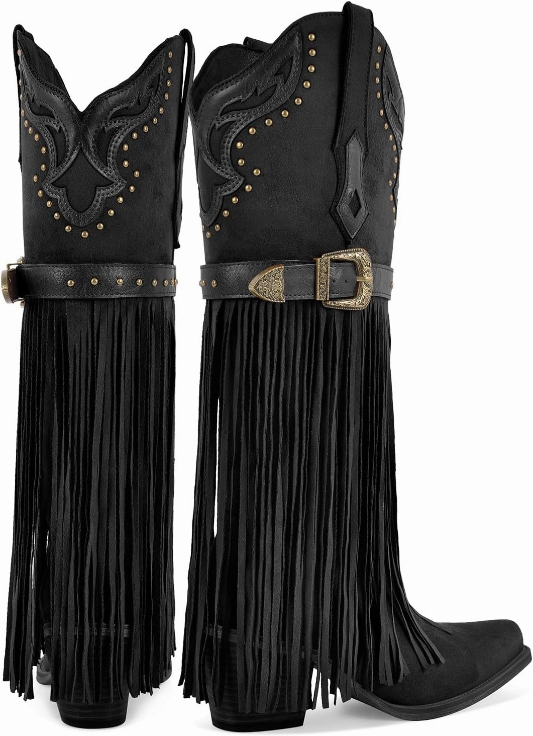 richealnini Suede Fringe Knee High Cowboy Boots with Golden Dots Studded Belt Embroidered Tall Boots