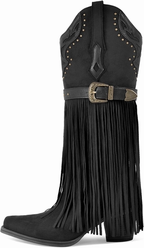 richealnini Suede Fringe Knee High Cowboy Boots with Golden Dots Studded Belt Embroidered Tall Boots