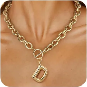 Ritach Chunky Gold Letter Necklace for Women 14K Gold Plated Initial Puffy Thick Link Necklace for Gifts