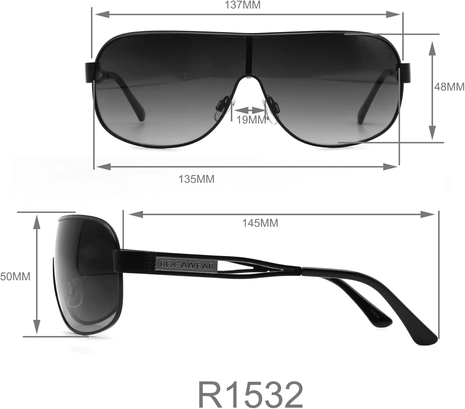 Rocawear R1532 Metal Wrap Uv400 Protective Rectangular Shield Sunglasses. Gifts for Men with Flair, 135 Mm