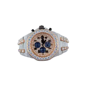 Roman Numerals Men's Round Shape Dial Watch Full Iced Out Moissanite Pave Diamond Two Tone Ultra Rchmen Circle Watch Handmade Analog Watch Jewelry 14K Gold Plated Luxurious Rapper's Watch