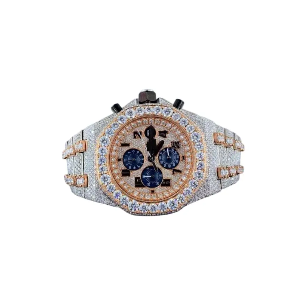 Roman Numerals Men's Round Shape Dial Watch Full Iced Out Moissanite Pave Diamond Two Tone Ultra Rchmen Circle Watch Handmade Analog Watch Jewelry 14K Gold Plated Luxurious Rapper's Watch