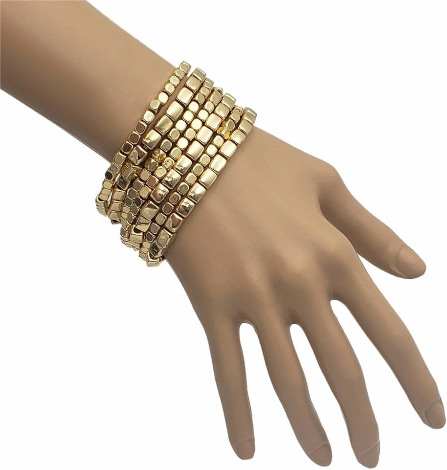 Rosemarie Collections Chunky Nugget Multi-Strand Bracelet Beads - Silver & Gold Bracelets Stack for Casual & Formal Wear - Stylish Gold Beaded Bracelets for Women (Set of 7)
