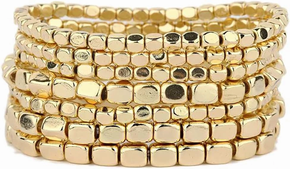 Rosemarie Collections Chunky Nugget Multi-Strand Bracelet Beads - Silver & Gold Bracelets Stack for Casual & Formal Wear - Stylish Gold Beaded Bracelets for Women (Set of 7)