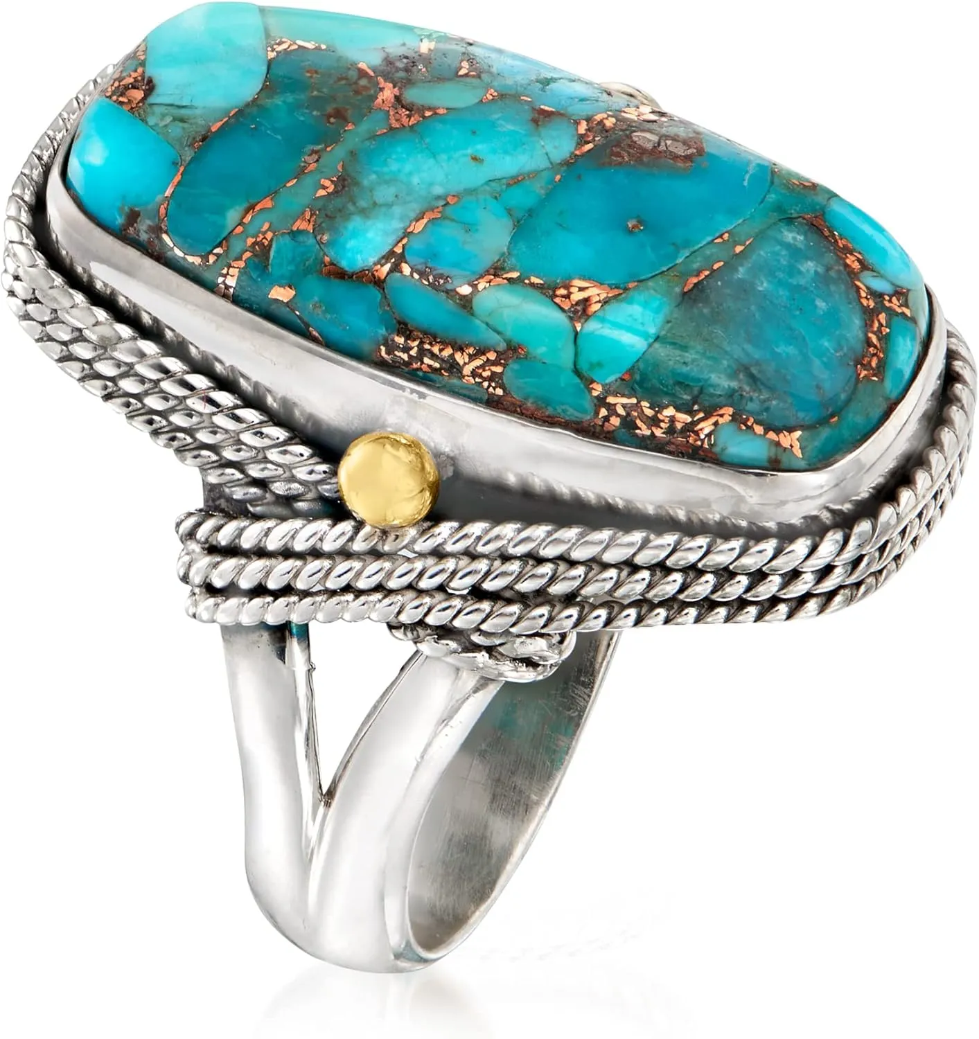 Ross-Simons Turquoise Roped-Edge Ring in Sterling Silver With 18kt Gold Over Sterling