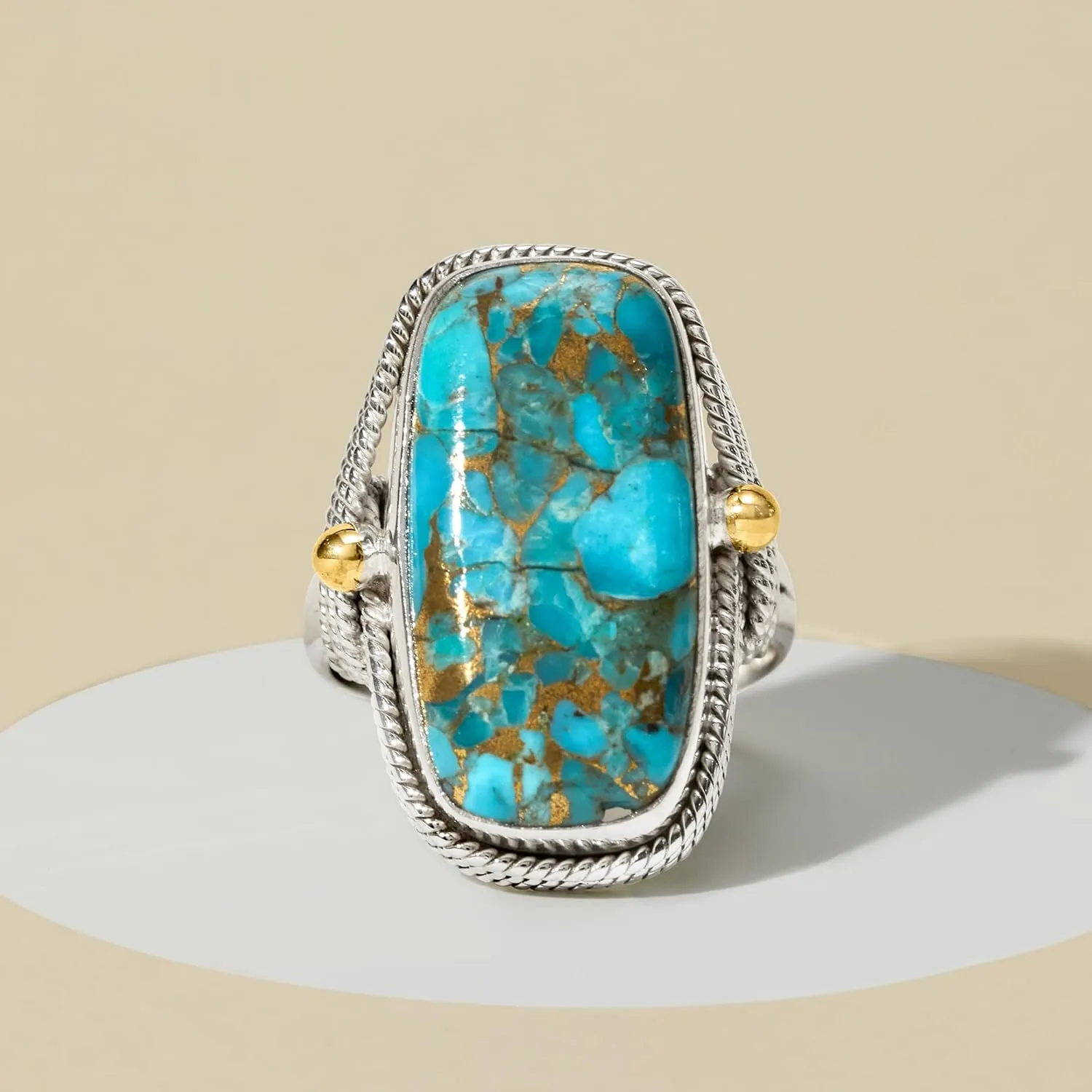 Ross-Simons Turquoise Roped-Edge Ring in Sterling Silver With 18kt Gold Over Sterling